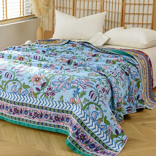 Elegant Floral Reversible Cotton Throw Blanket