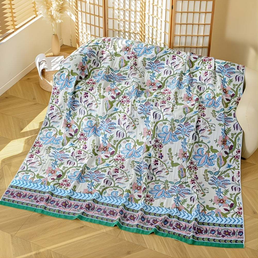 Elegant Floral Reversible Cotton Throw Blanket