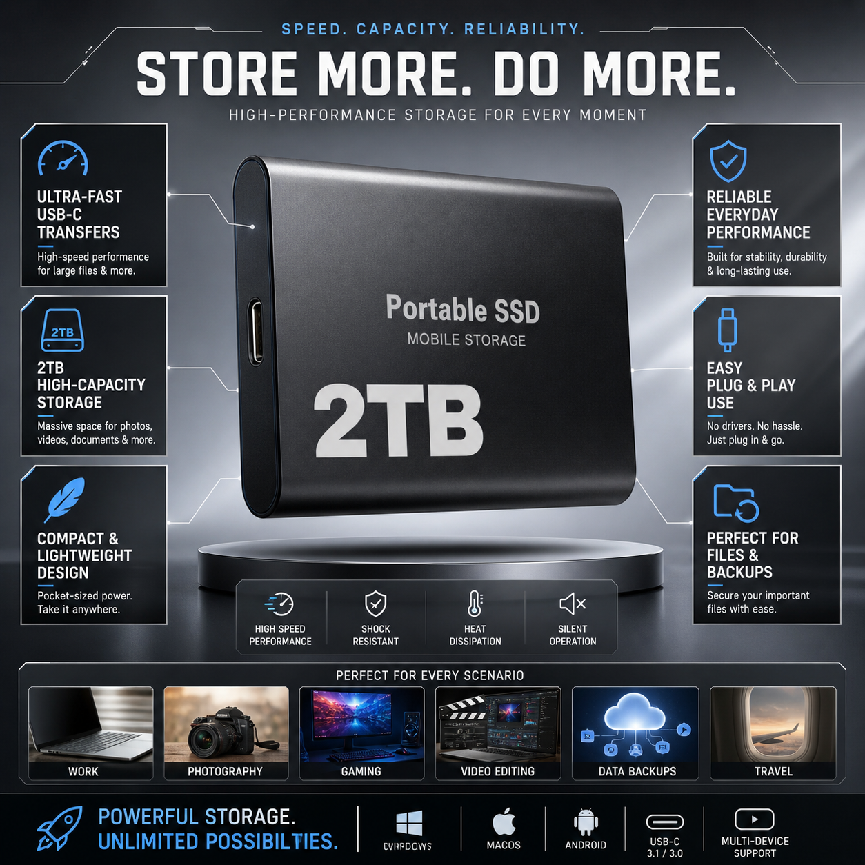 2TB Portable SSD Mobile Storage with USB-C Connection