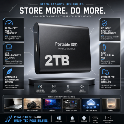 2TB Portable SSD Mobile Storage with USB-C Connection