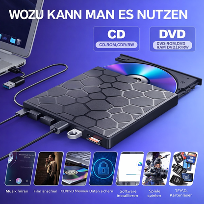 External CD/DVD Drive | Plug-and-Play USB C Hub with Card Reader