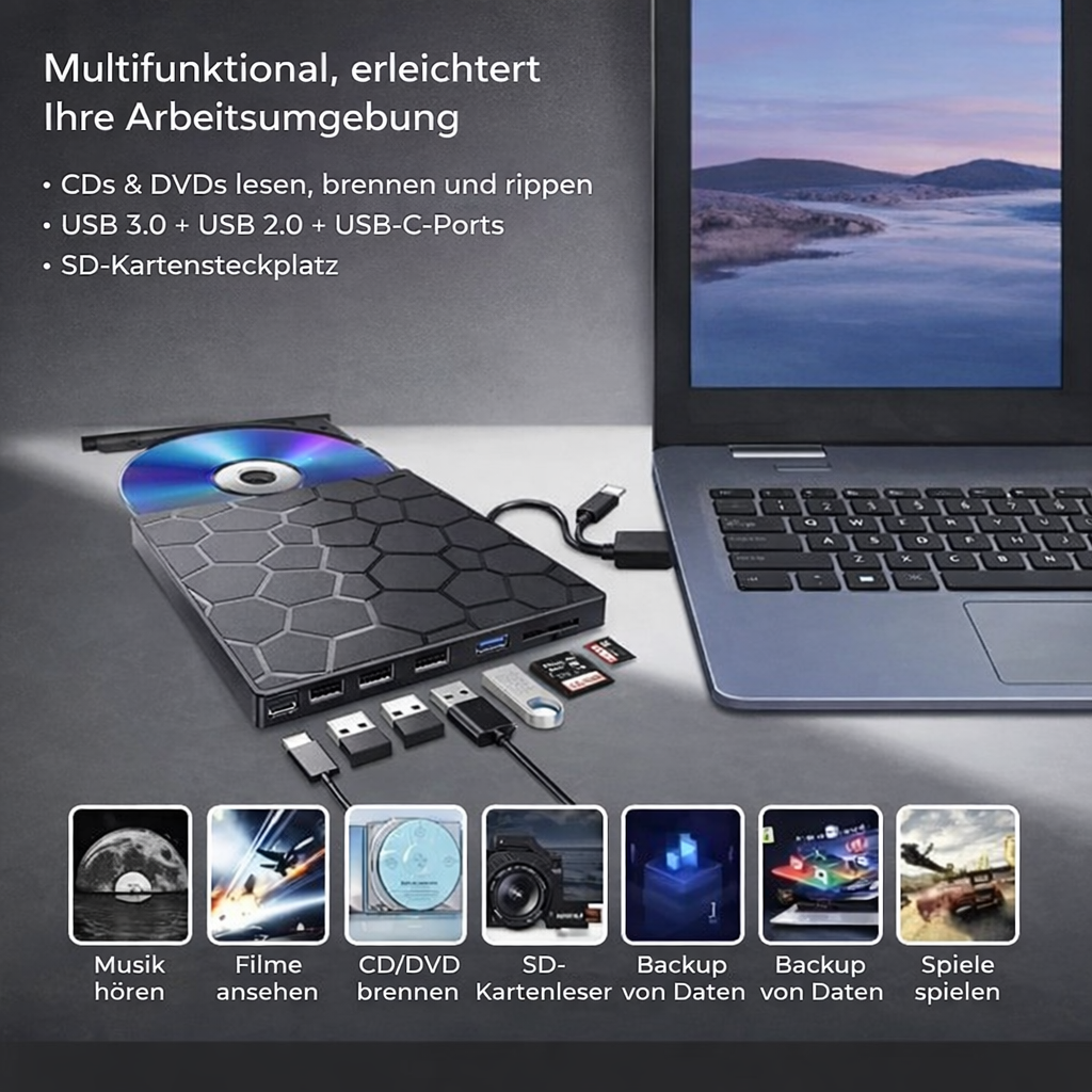 External CD/DVD Drive | Plug-and-Play USB C Hub with Card Reader