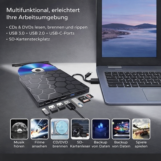 External CD/DVD Drive | Plug-and-Play USB C Hub with Card Reader
