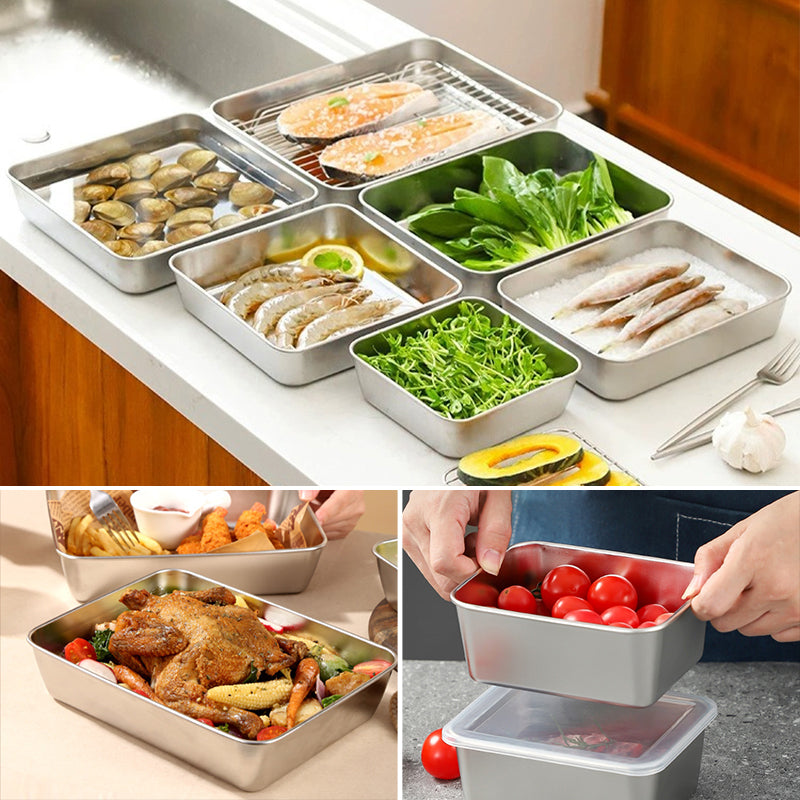 Durable Stainless Steel Square Food Storage Plate with Lid