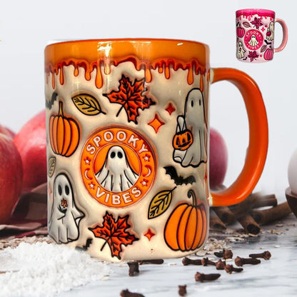 Coffee Mug Featuring Ghost Design and Pumpkin Motif
