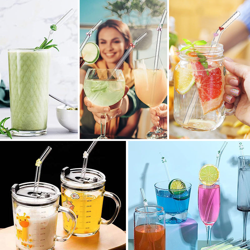 Set of 6 Reusable Stained Glass Drinking Straws with Cleaning Brush