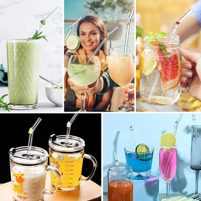 Set of 6 Reusable Stained Glass Drinking Straws with Cleaning Brush