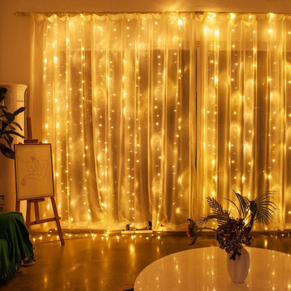 Warm White LED Fairy Curtain Lights with 8 Dynamic Modes for Relaxation