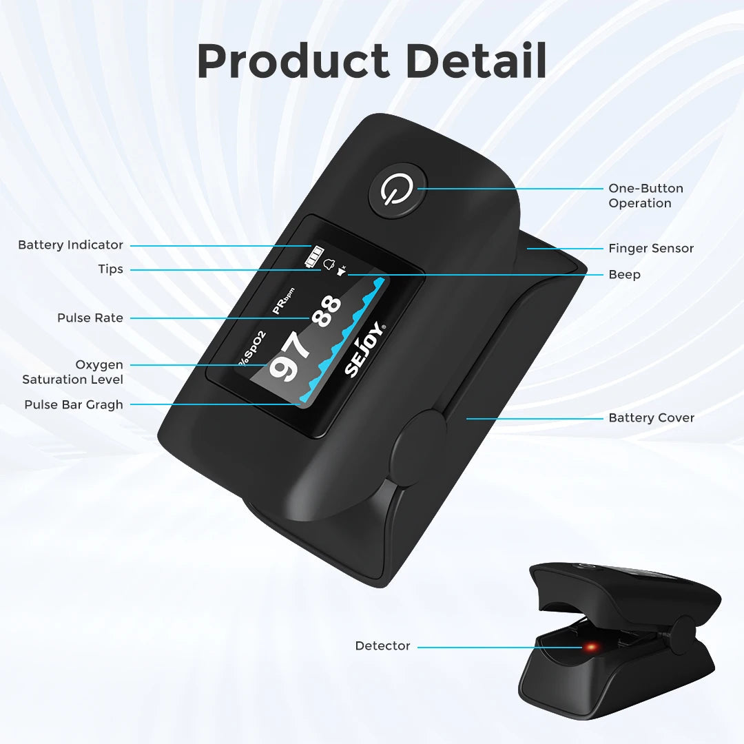 OLED Display Pulse Oximeter - SpO₂, Heart Rate, PI & RR Monitor for Home and Travel