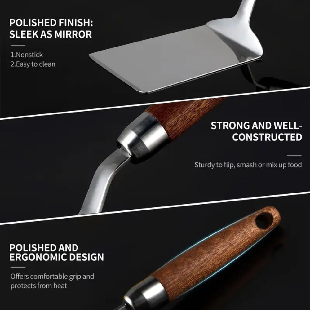Versatile Stainless Steel Turner with Ergonomic Wooden Grip