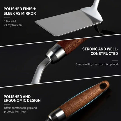 Versatile Stainless Steel Turner with Ergonomic Wooden Grip