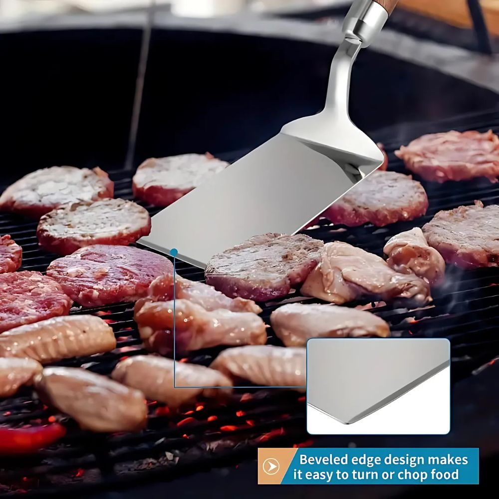 Versatile Stainless Steel Turner with Ergonomic Wooden Grip