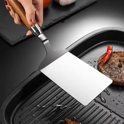 Versatile Stainless Steel Turner with Ergonomic Wooden Grip