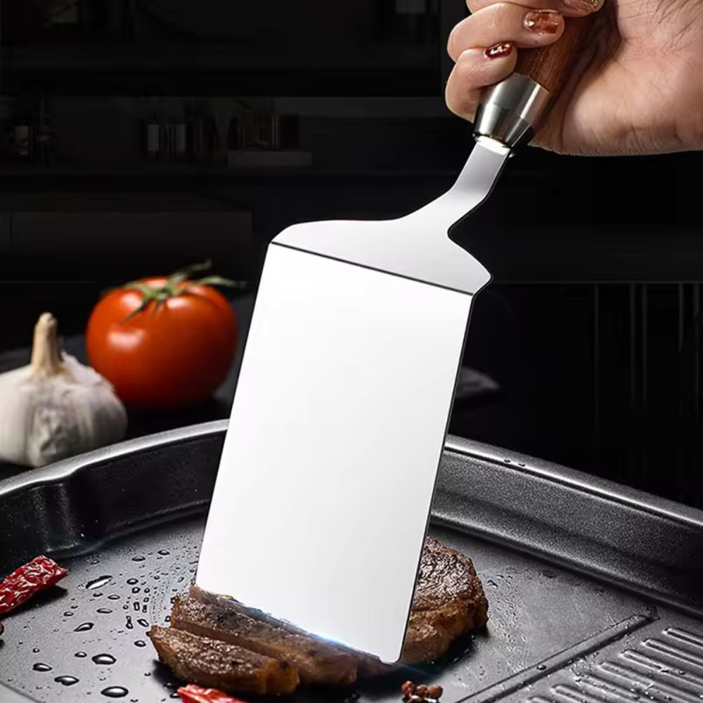 Versatile Stainless Steel Turner with Ergonomic Wooden Grip