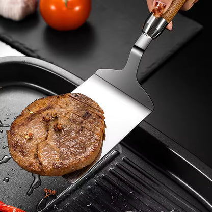Versatile Stainless Steel Turner with Ergonomic Wooden Grip
