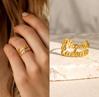Customizable Dual-Name Ring | Stainless Steel with 18K Gold Finish | Adjustable Size | Available in Gold, Silver & Rose Gold