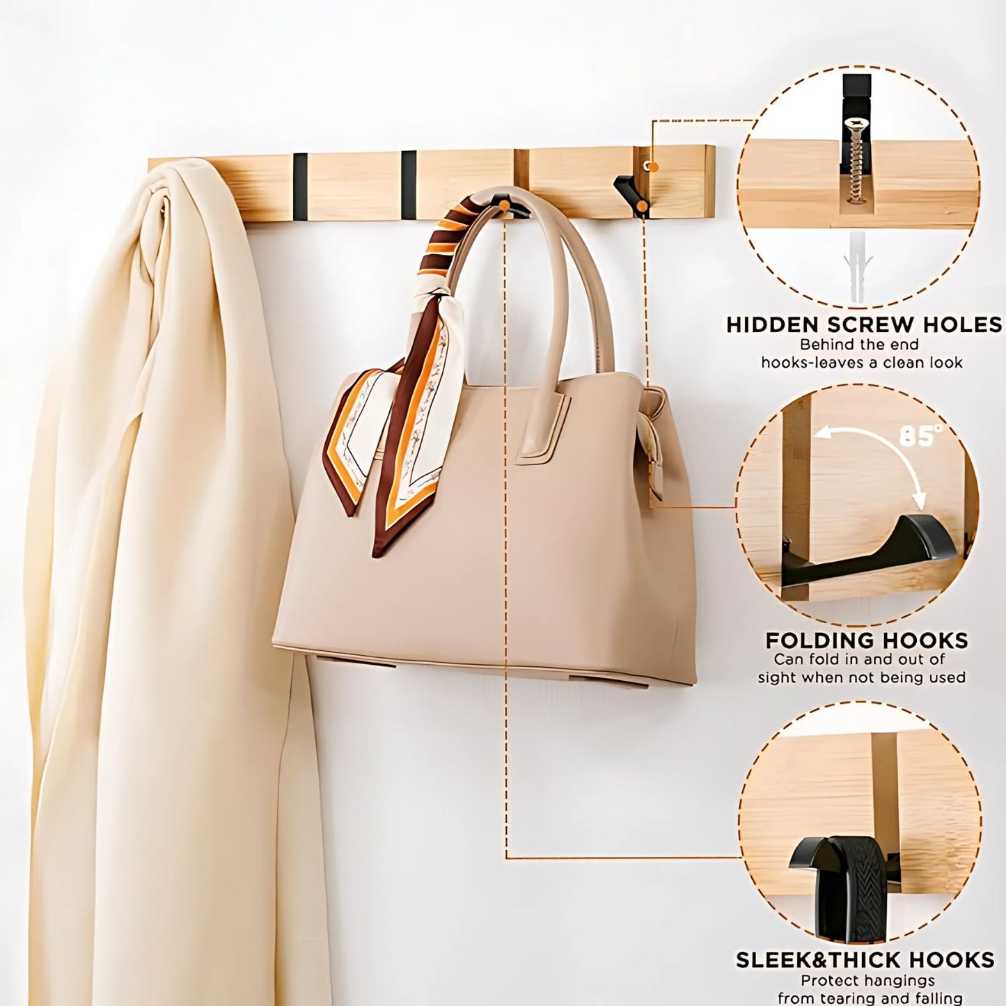 Sleek Bamboo Wall Hook Organizer with Flip Hooks