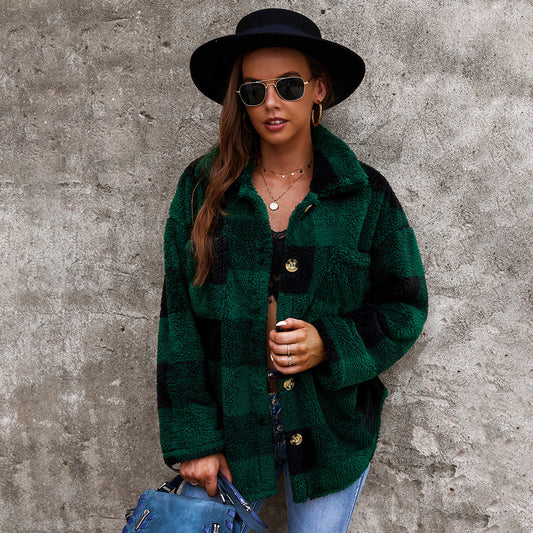 Chic Plaid Sweater with Plush Faux Fur Coat