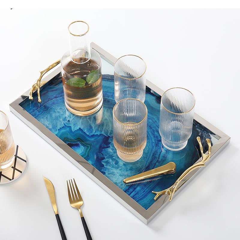 Serving Tray with Blue Agate Glass and Stainless Steel Frame