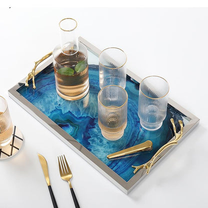 Serving Tray with Blue Agate Glass and Stainless Steel Frame
