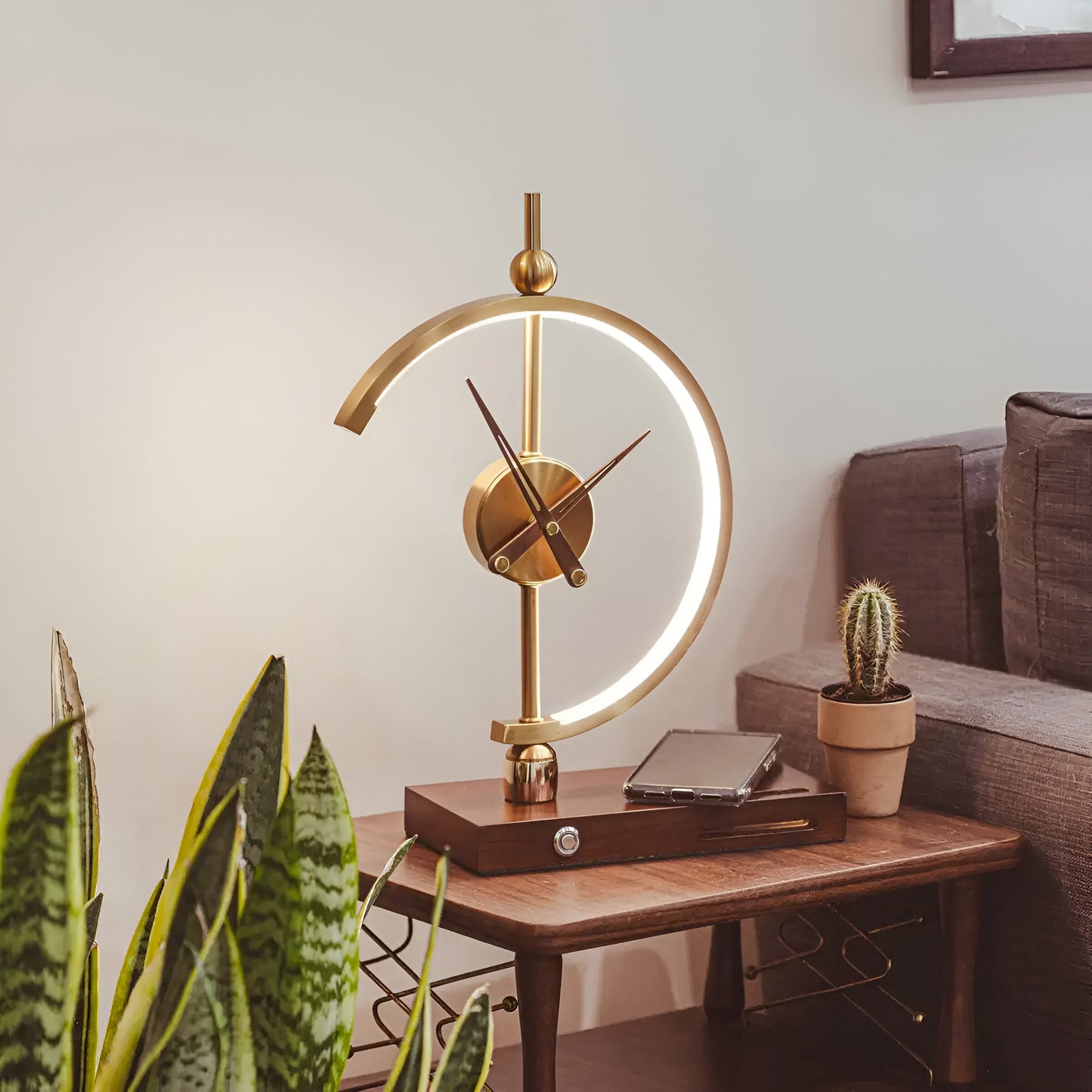 Geometric LED Table Lamp with Wireless Qi Charging and Gold Time Display