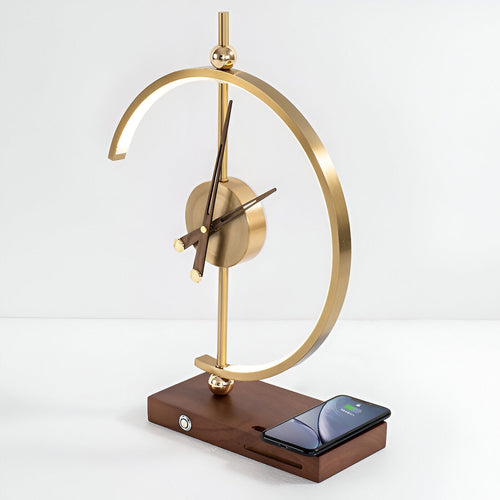 Geometric LED Table Lamp with Wireless Qi Charging and Gold Time Display