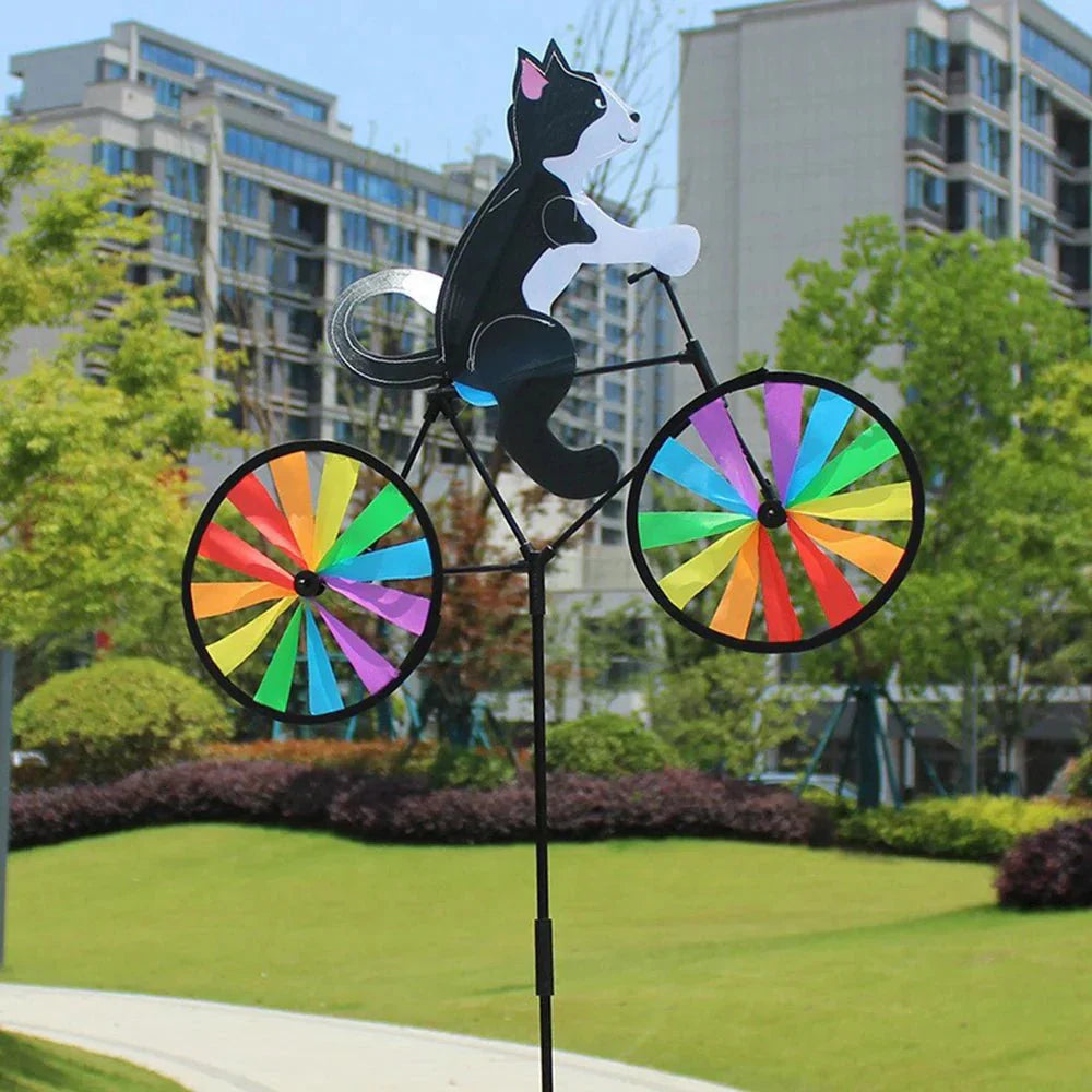 Whimsical Garden Windmill Decoration with Cat on Bicycle