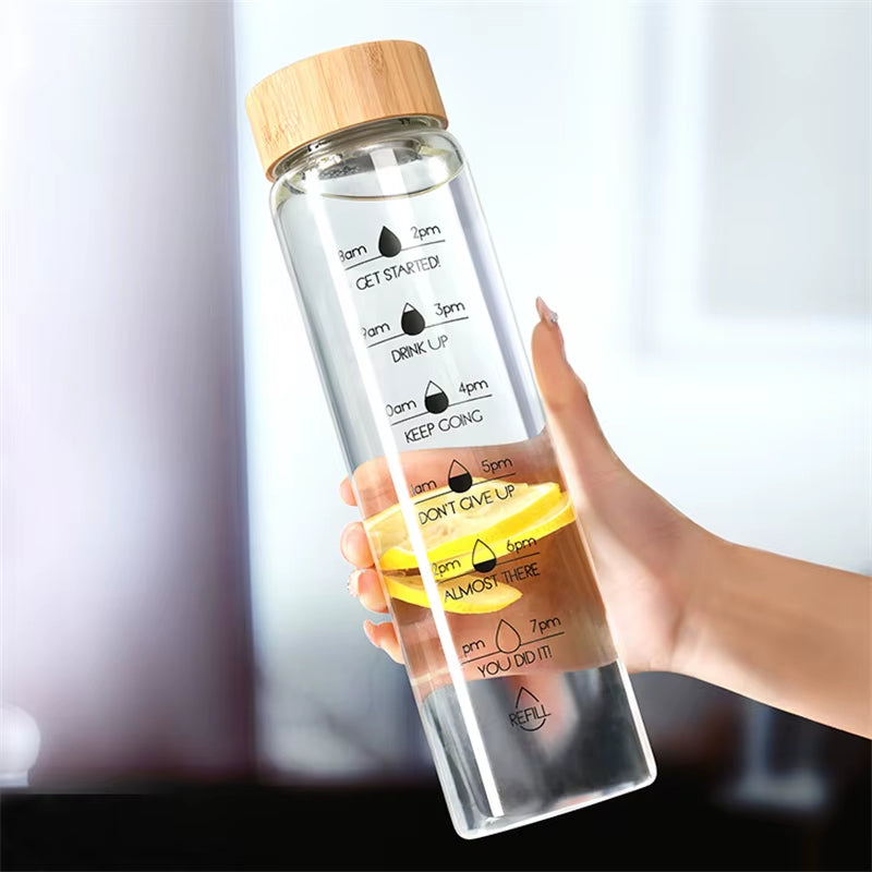 Borosilicate Glass Hydration Bottle with Time Indicators – 24oz / 32oz, Leakproof Bamboo Lid, Eco-Friendly, BPA-Free