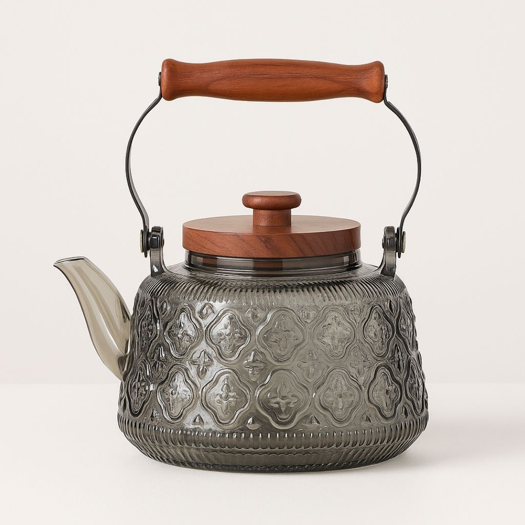Glass Teapot with Infuser – 1000ml Borosilicate Kettle, Heat-Resistant, Wooden Handle