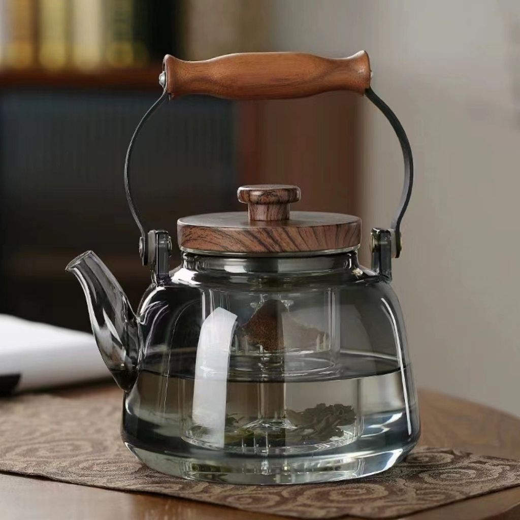 Glass Teapot with Infuser – 1000ml Borosilicate Kettle, Heat-Resistant, Wooden Handle