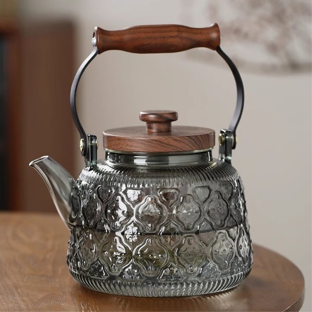 Glass Teapot with Infuser – 1000ml Borosilicate Kettle, Heat-Resistant, Wooden Handle