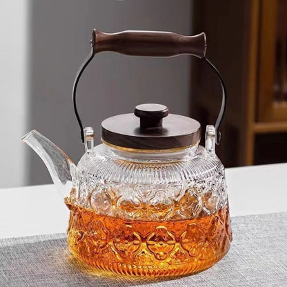 Glass Teapot with Infuser – 1000ml Borosilicate Kettle, Heat-Resistant, Wooden Handle