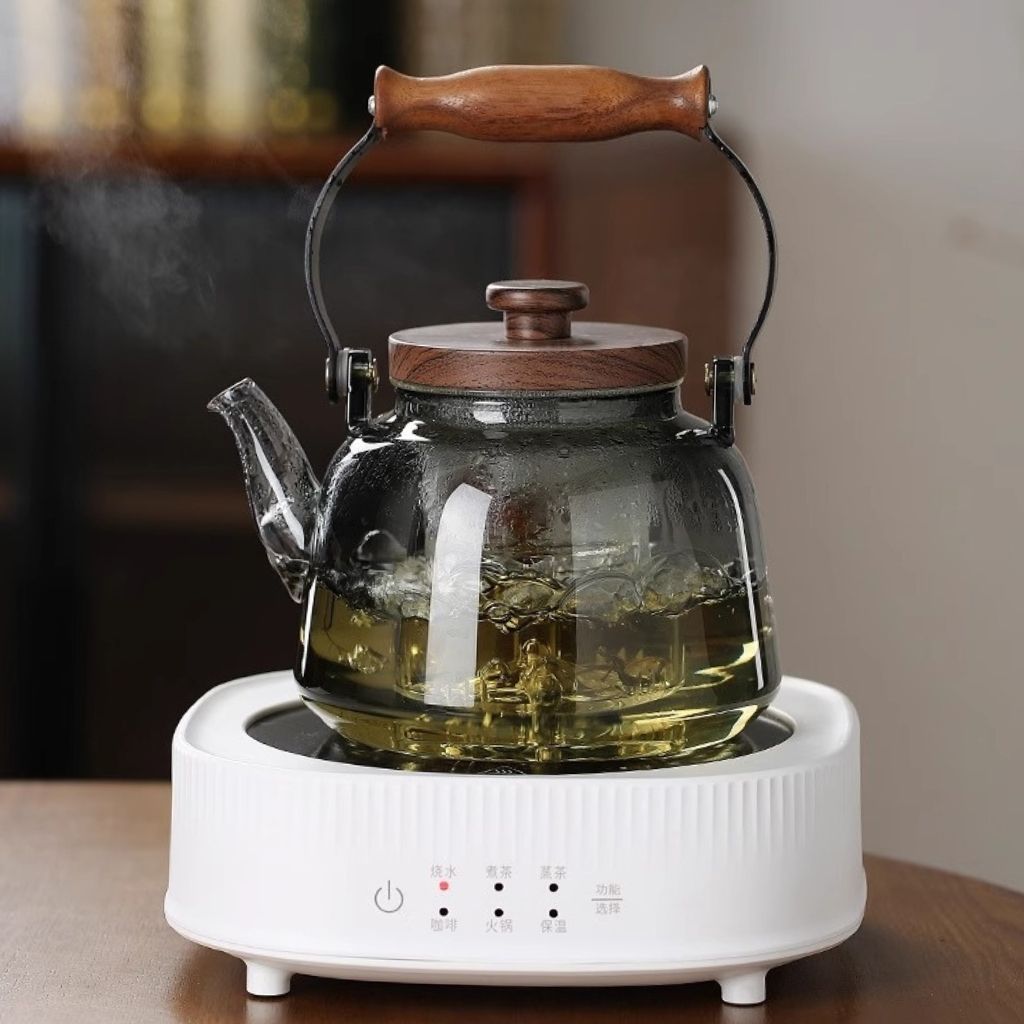 Glass Teapot with Infuser – 1000ml Borosilicate Kettle, Heat-Resistant, Wooden Handle