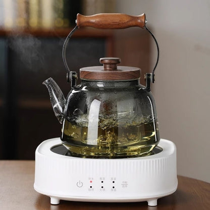 Glass Teapot with Infuser – 1000ml Borosilicate Kettle, Heat-Resistant, Wooden Handle
