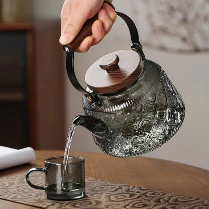Glass Teapot with Infuser – 1000ml Borosilicate Kettle, Heat-Resistant, Wooden Handle