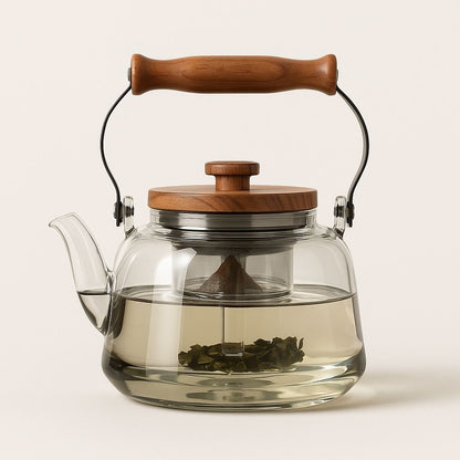 Glass Teapot with Infuser – 1000ml Borosilicate Kettle, Heat-Resistant, Wooden Handle