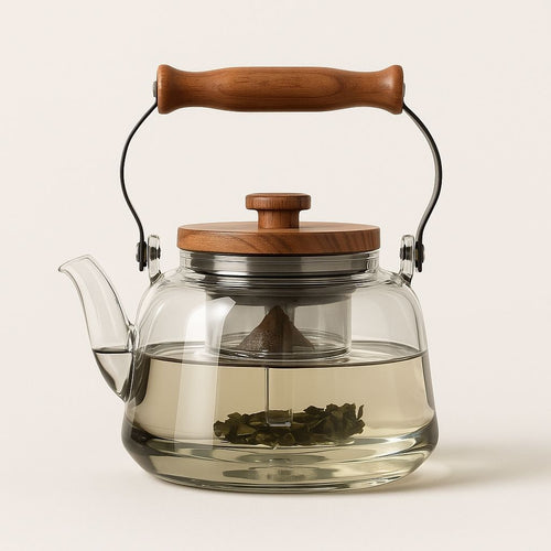 Glass Teapot with Infuser – 1000ml Borosilicate Kettle, Heat-Resistant, Wooden Handle