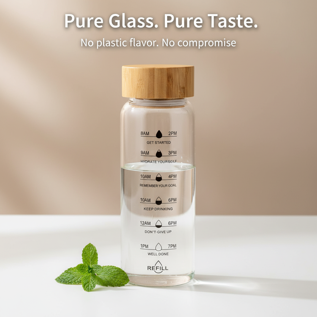 Borosilicate Glass Hydration Bottle with Time Indicators – 24oz / 32oz, Leakproof Bamboo Lid, Eco-Friendly, BPA-Free
