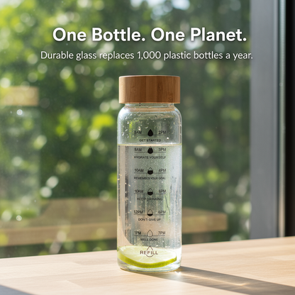 Borosilicate Glass Hydration Bottle with Time Indicators – 24oz / 32oz, Leakproof Bamboo Lid, Eco-Friendly, BPA-Free
