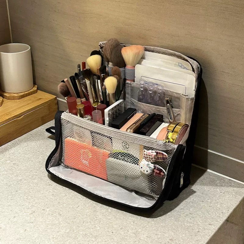 Compact Travel Makeup Organizer with Brush Holder | Waterproof & Leakproof