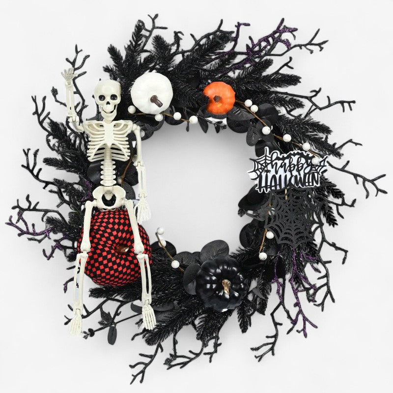 Halloween Wreath with Skeleton and Pumpkin – Festive Door Decor
