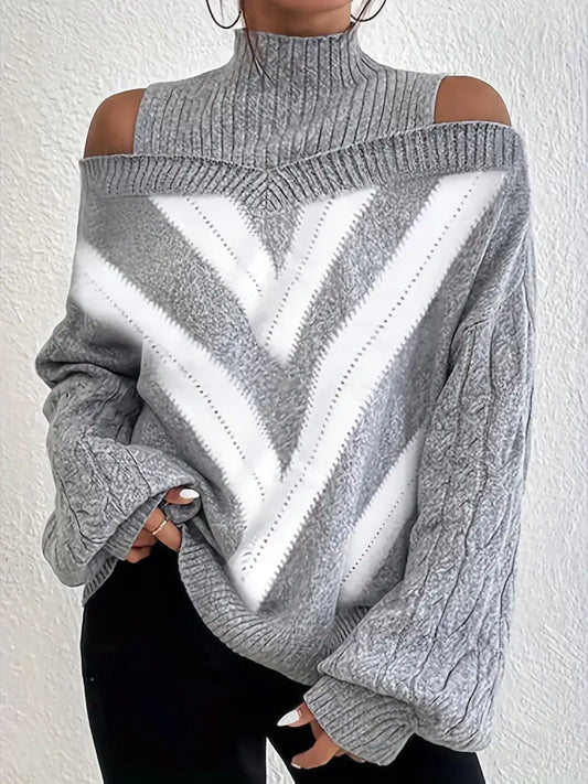 Chic Comfort - Cold Shoulder Sweater with Geometric Design