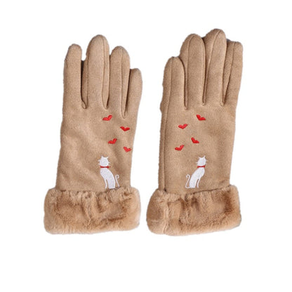 Warm Furry Full Finger Gloves for Women with Touchscreen Feature