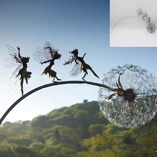Outdoor Garden Sculpture of Fairies and Dandelions Dancing Together