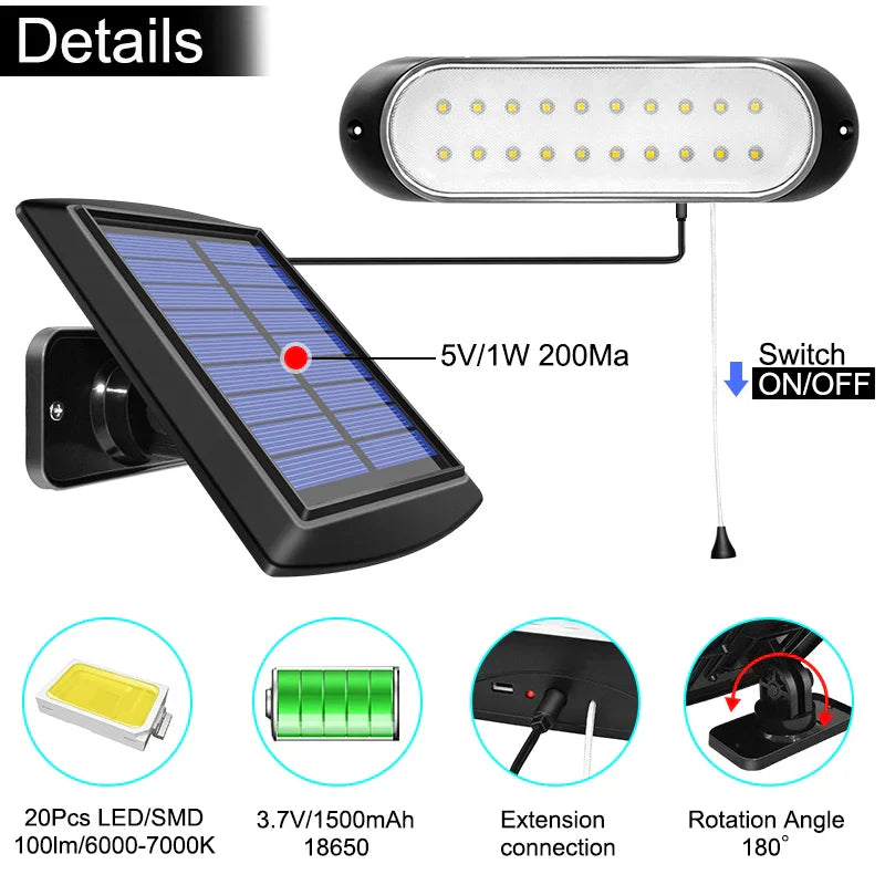 Solar Lamp with Pull Switch – 20 LEDs, Flexible & Waterproof for Garden & Outdoor