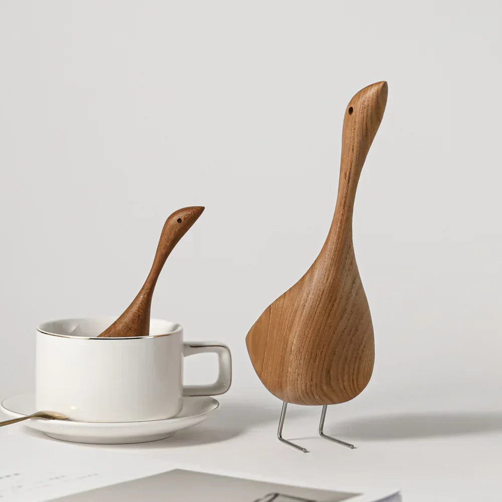 Abstract Teak Wood Goose Couple Sculpture – Nordic Animal Home Decor