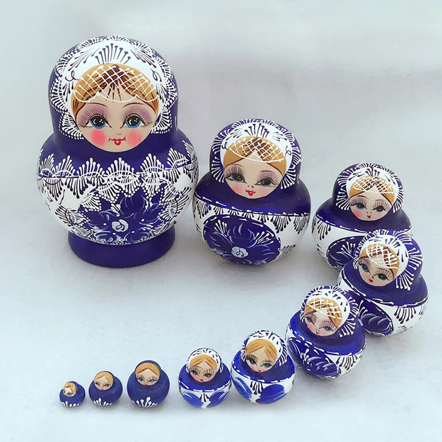 Set of 10 Wooden Russian Nesting Dolls - Matryoshka Dolls