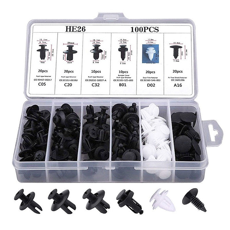 Car Clip Kit with 100 Fastener Pin Rivets for Bumpers