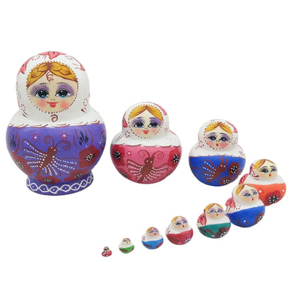 Set of 10 Wooden Russian Nesting Dolls - Matryoshka Dolls