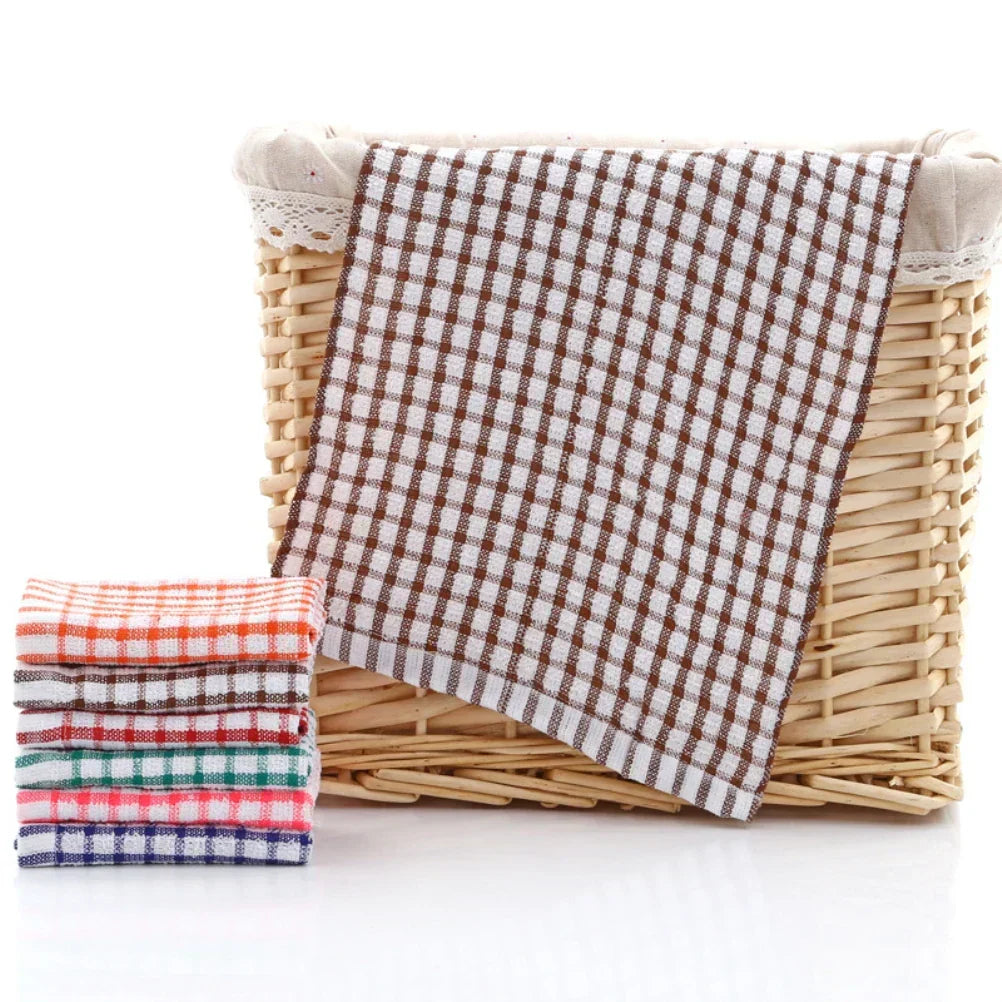 Set of 6 Absorbent Cotton Dish Towels with Plaid Design, Machine Washable